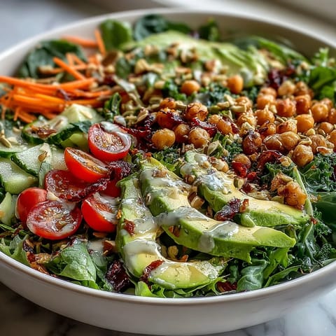 Healthy vegan Mixed Greens Power Bowl served in a rustic bowl, dressed with zesty lemon vinaigrette.