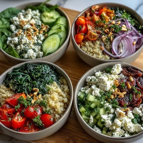 A warm Spinach and Feta Grain Bowl drizzled with lemon dressing, ready for a healthy lunch.