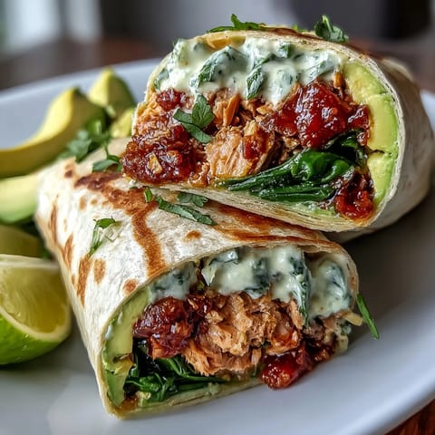 Fresh avocado tuna wraps with creamy avocado, flaky tuna, and spinach in whole wheat tortillas for a quick healthy meal.