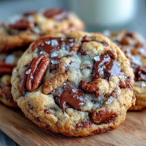Golden brown butter pecan cookies with toasted pecans and a sprinkle of flaky sea salt on top.