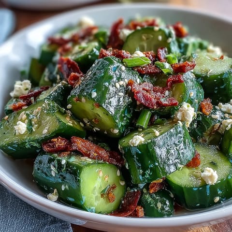 A vibrant smashed cucumber salad drizzled with spicy garlic chili oil and sesame seeds.
