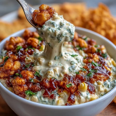 Creamy elote dip with charred corn, cotija cheese, and lime served with crispy tortilla chips.  