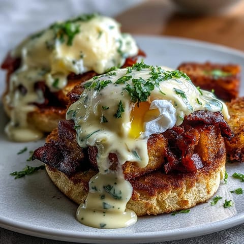 Eggs Benedict with Hollandaise: Classic brunch plate with poached eggs, Canadian bacon, and creamy hollandaise sauce over toasted English muffins.