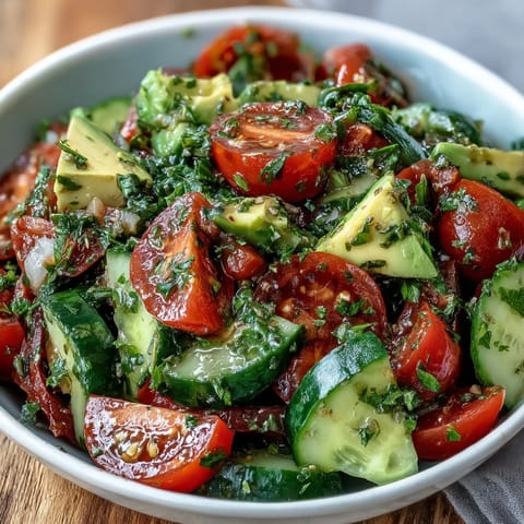 A vibrant cucumber tomato avocado salad with zesty lemon dressing, bursting with fresh flavors and colors.