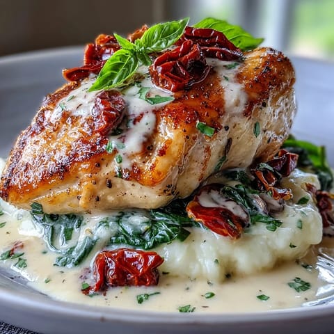 Creamy Tuscan Chicken with Sun-Dried Tomatoes in a rich, herb-infused sauce with spinach and Parmesan.