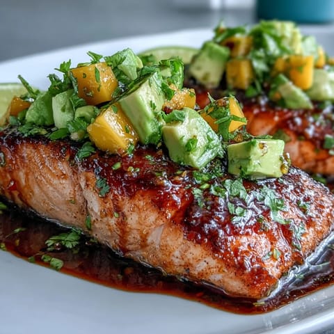Oven-baked salmon fillets topped with vibrant mango and avocado salsa, perfect for a healthy summer dinner.  