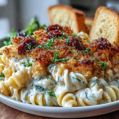 Creamy baked mac and cheese with golden crunchy topping, rich cheddar and Gruyère sauce coating tender elbow macaroni.