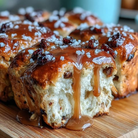 Golden baked hot cross buns featuring warm spices and juicy currants, finished with a sweet orange glaze drizzle.  