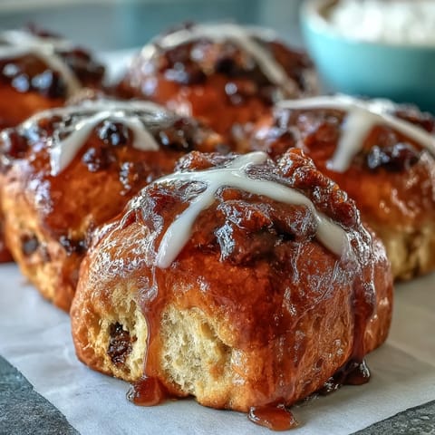 Soft spiced hot cross buns with orange glaze, studded with currants and topped with fragrant citrus icing.  