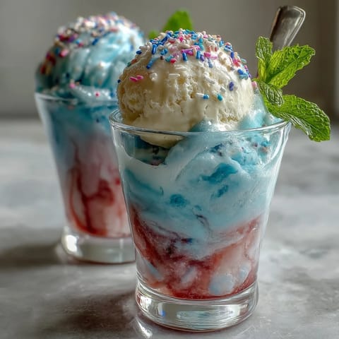 Cotton Candy Lemonade Float with a scoop of vanilla ice cream, topped with fresh mint and lemon slices.
