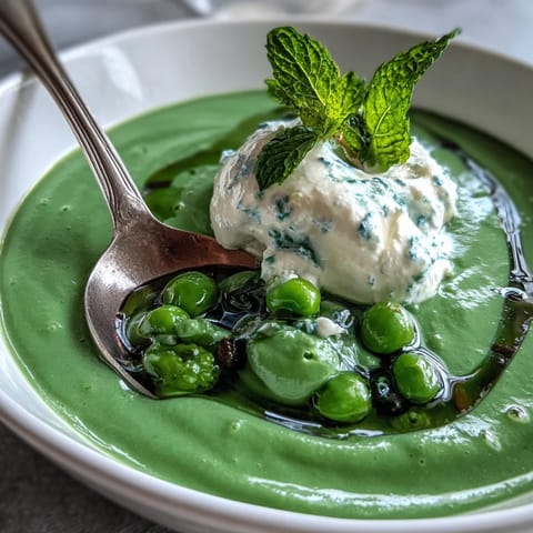 Vibrant spring pea soup topped with airy whipped ricotta and fragrant mint oil for a fresh, elegant dish.