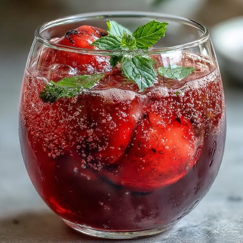 A vibrant glass of sparkling hibiscus mint lemonade with fresh lemon slices and mint garnish, perfect for a refreshing summer drink.  