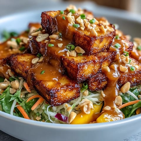 Colorful Thai mango salad with crispy tofu and creamy peanut sauce, garnished with fresh herbs and chopped peanuts. A refreshing vegan dish perfect for summer meals.