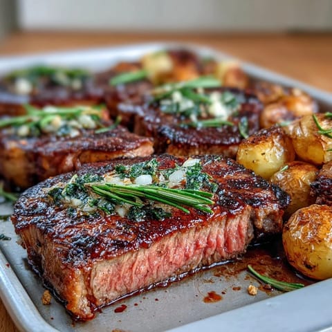 Juicy Father's Day Steak and Potato Sheet Pan Dinner, perfectly roasted and ready to slice.