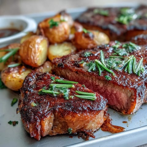 Golden-brown Father's Day Steak and Potato Sheet Pan Dinner with vibrant, tender vegetables.