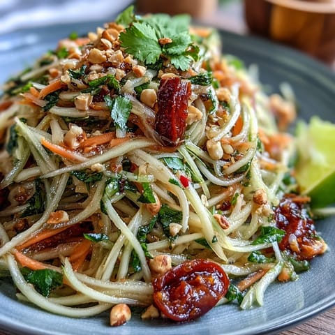 Vibrant Thai Papaya Salad with Peanuts, bursting with lime dressing and fresh ingredients.