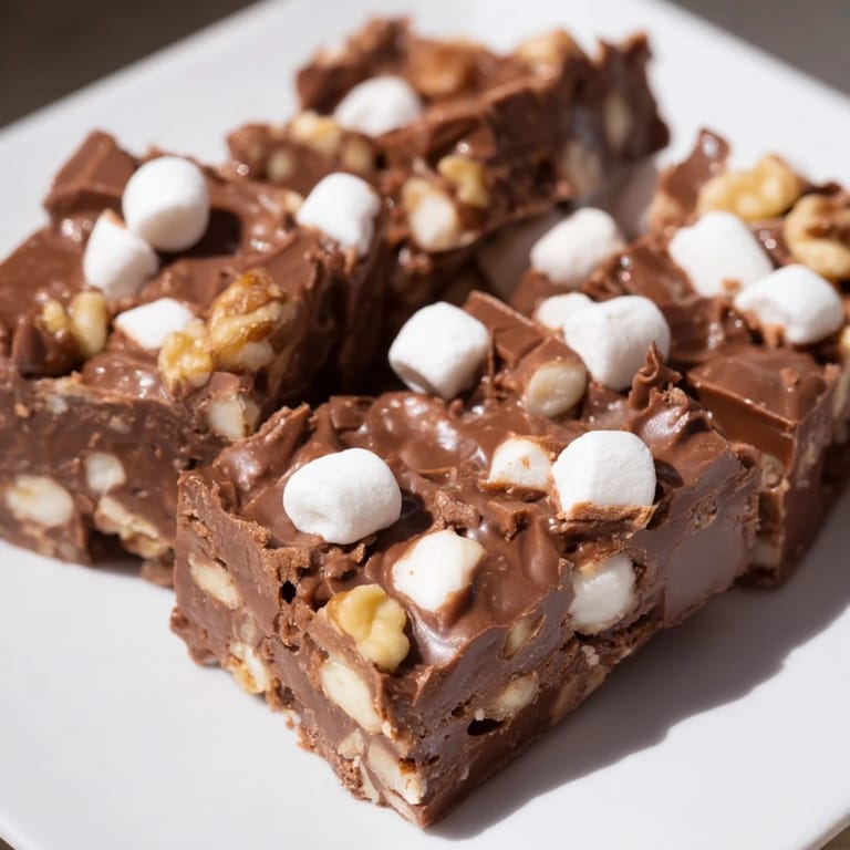 A close-up of decadent Rocky Road Fudge squares, showing gooey marshmallows and chocolate richness.