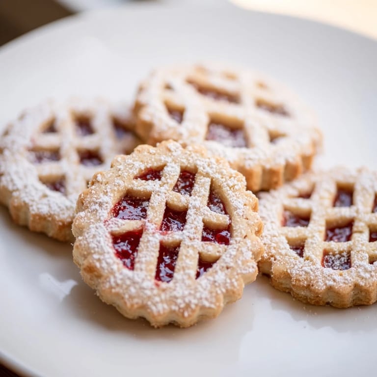 Delicate, powdered sugar-dusted Linzer Cookies, showcasing a peek of sweet jam through cut-out tops.