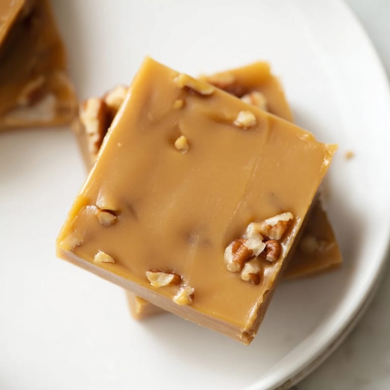 Homemade Penuche Fudge squares with optional pecans, perfect for gifting or a sweet coffee pairing.