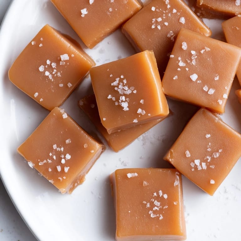 Homemade sea salt caramels are beautifully arranged, a sweet treat with golden, glistening surfaces.