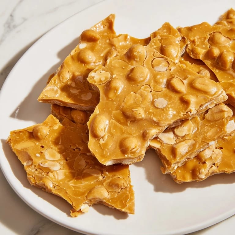 Close-up shot shows the perfect texture of finished peanut brittle candy, ready to break and enjoy.