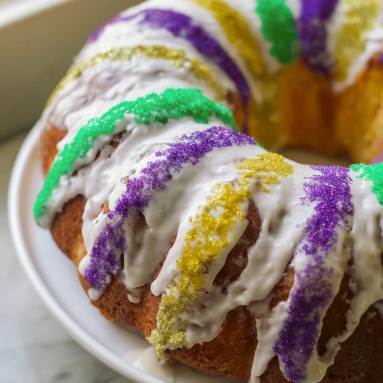 Close-up of a delicious King Cake, the sweet bread ring perfectly baked for serving.