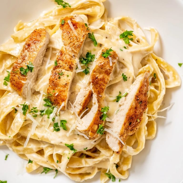 In a rustic kitchen setting, this Cajun Chicken Alfredo showcases tender, spice-rubbed chicken nestled in silky Alfredo sauce clinging to every pasta strand.