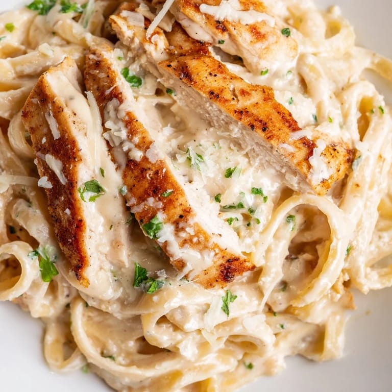 Close-up on a skillet of Cajun Chicken Alfredo, highlighting the rich, creamy sauce and juicy chicken slices, perfect for a comforting weeknight dinner.