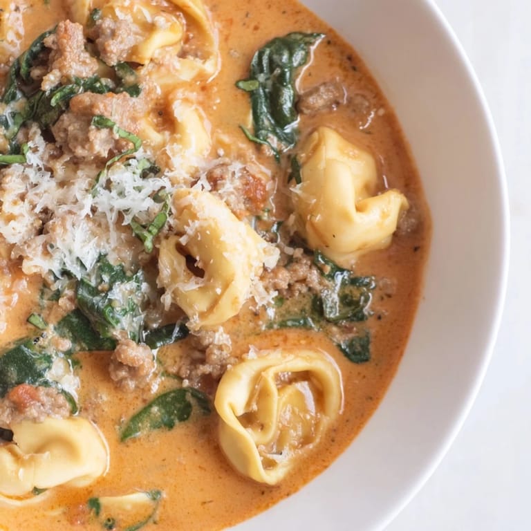 Tuscan Tortellini Soup ladled into a rustic bowl, featuring cheese tortellini and fresh basil garnish for a cozy meal.  