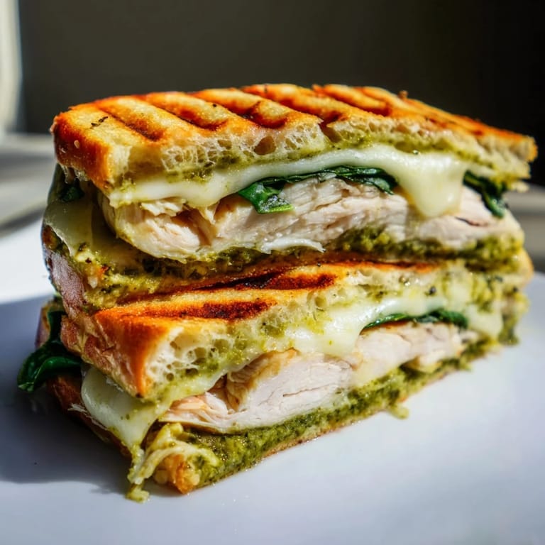 A vibrant open-faced Chicken Pesto Panini stacked with juicy grilled chicken and fresh tomato slices.
