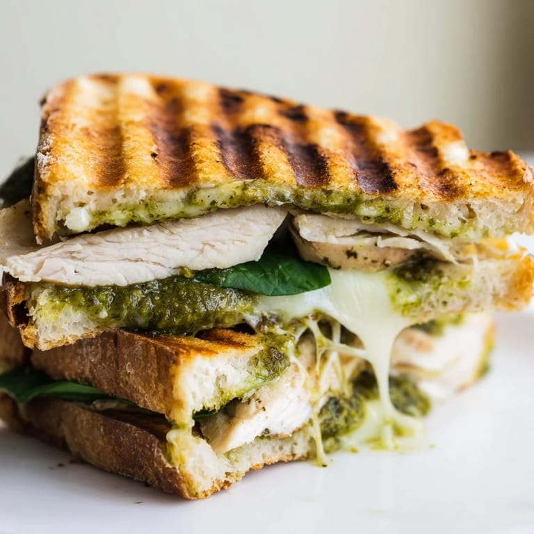 Close-up of a sliced Chicken Pesto Panini revealing layers of pesto, mozzarella, and chicken on ciabatta.