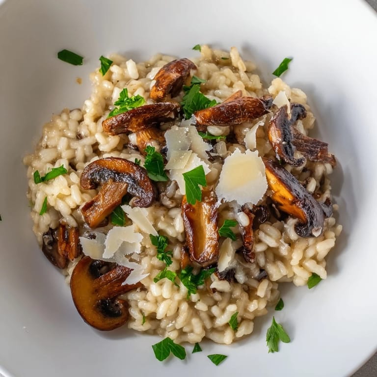 Golden roasted mushrooms and creamy Arborio rice in a bowl of savory vegetarian risotto, ready to serve.