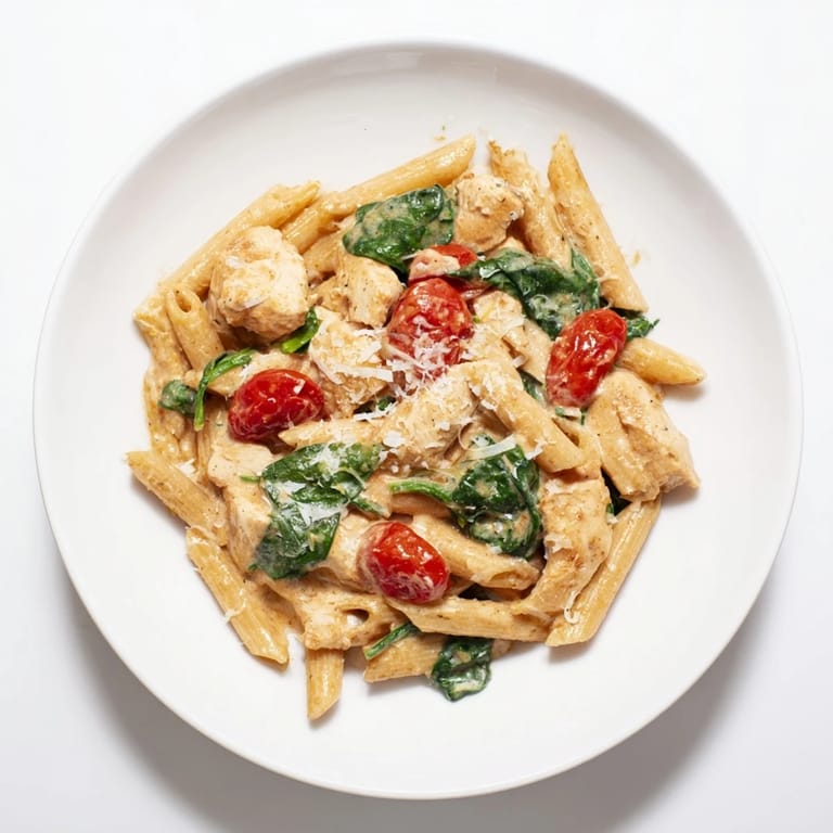 Steaming Greek Yogurt Chicken Pasta served in a rustic skillet, with wilted spinach, halved cherry tomatoes, and a sprinkle of Parmesan.