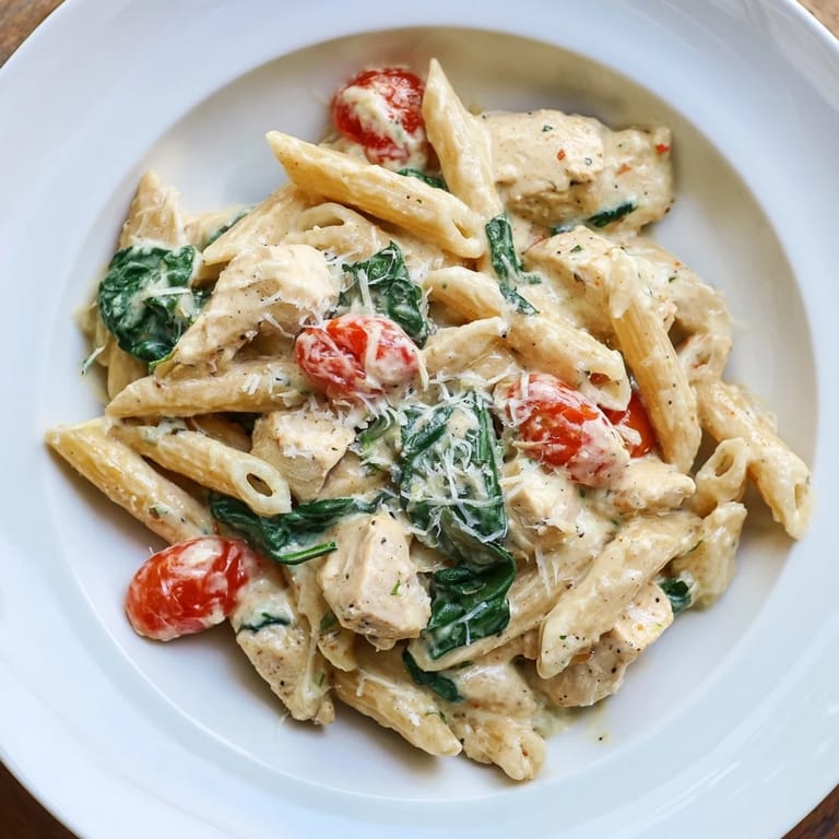 A serving of Greek Yogurt Chicken Pasta on a marble countertop, featuring golden chicken and vibrant herbs, ready for a family dinner.