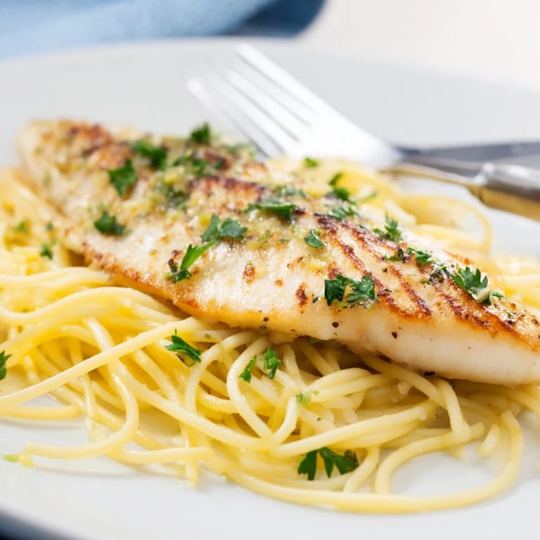 Steaming platter of Lemon Bass Pasta with tender sea bass fillets, vibrant herbs, and a light lemon-butter sauce perfect for weeknight dinners.