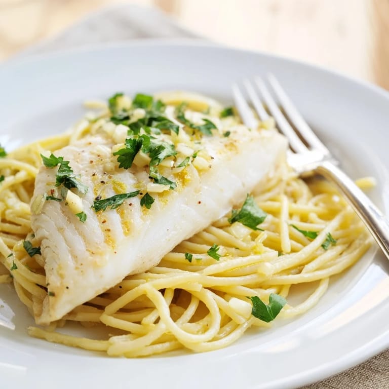 Freshly prepared Lemon Bass Pasta serving for four, showcasing al dente spaghetti tossed in garlic-lemon sauce topped with flaky grilled fish.