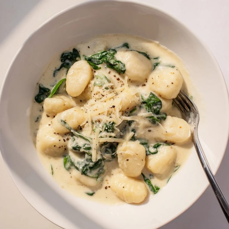 Tender potato gnocchi swimming in garlicky cream sauce, garnished with parmesan and black pepper on a rustic plate.