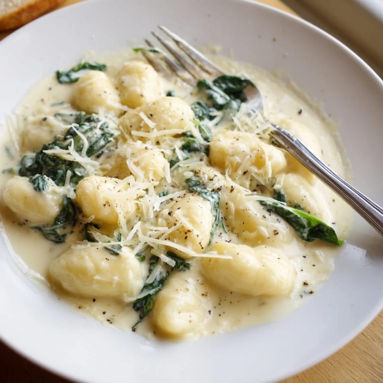 Fresh spinach wilting into creamy garlic gnocchi, served warm in a skillet with a sprinkle of parmesan cheese.