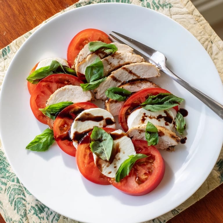 Sliced grilled chicken tops a colorful Chicken Caprese Salad with mixed greens and a honey-balsamic drizzle.