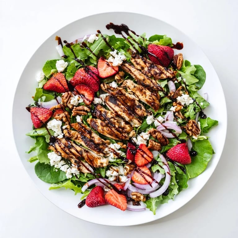 Summer Strawberry Balsamic Chicken Salad showcases juicy berries and creamy feta on crisp greens with tangy glaze.