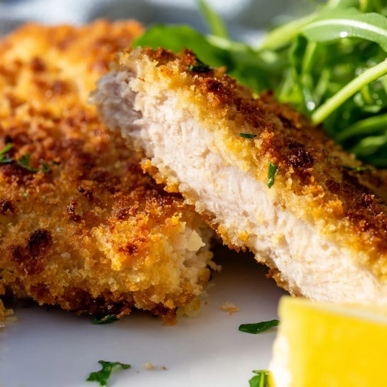 Crispy Parmesan Chicken Cutlet Bowl featuring golden-brown breaded chicken, white rice, and a bright squeeze of lemon.  