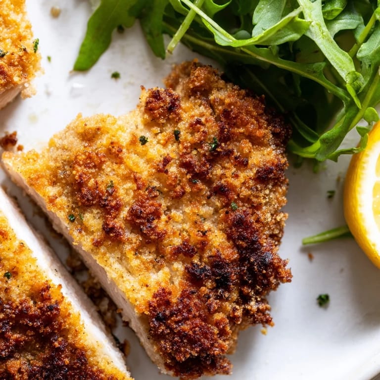 Crispy Parmesan Chicken Cutlet Bowl with sliced golden cutlets, arugula, and steaming rice, ready to enjoy.