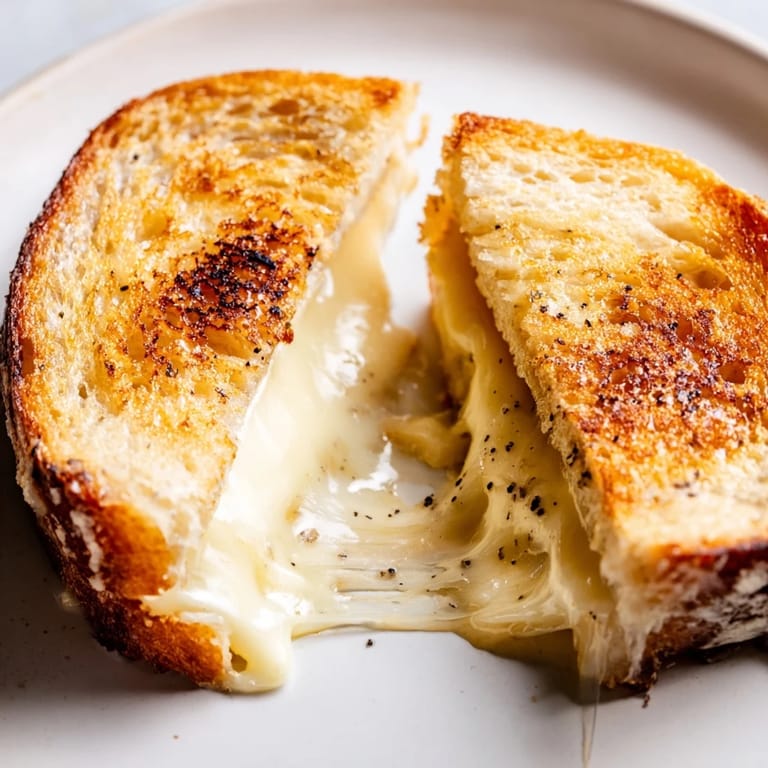 Close-up of a Truffle Grilled Cheese on a plate, served with fresh herbs for a gourmet touch.