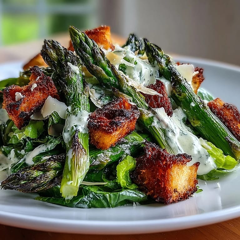 Tangy yogurt dressing coats crisp romaine in this delicious roasted asparagus Caesar salad.