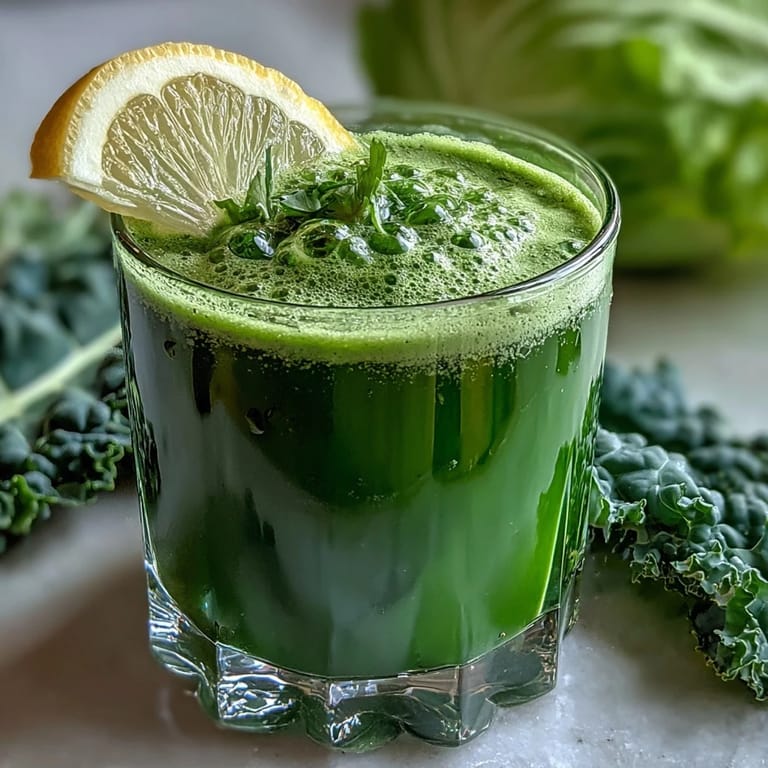 This refreshing Cabbage and Kale Detox Juice is poured into a mason jar with a celery stalk stirrer, perfect for a morning cleanse.  