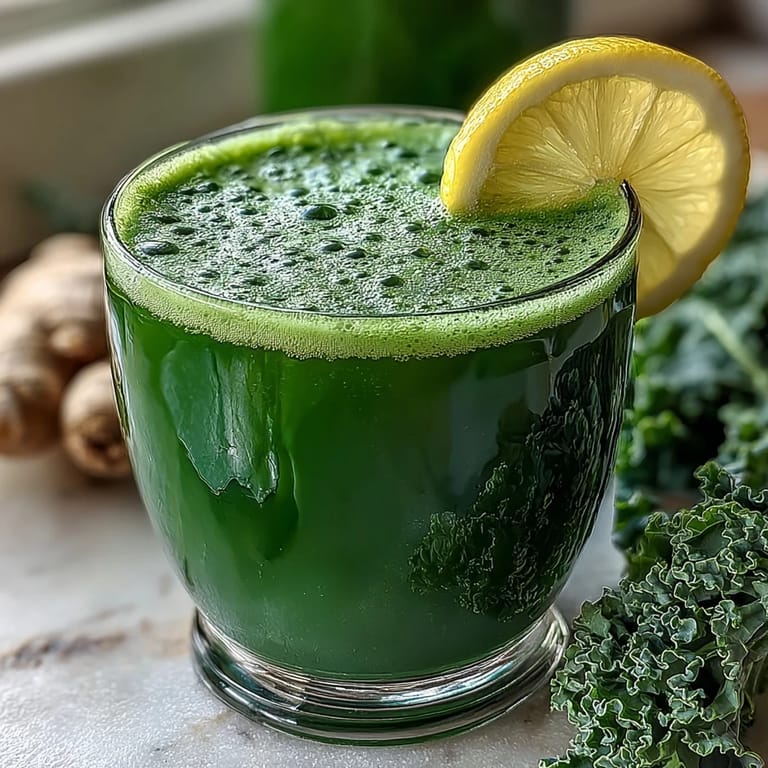 Close-up of a bright, nutrient-packed Cabbage and Kale Detox Juice, highlighting its smooth texture and floating bits of fresh ginger.