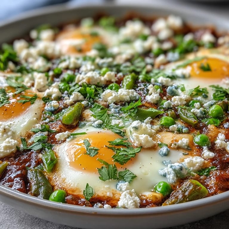 Vibrant vegetarian Pea and Broad Bean Shakshuka topped with poached eggs, ready to be scooped up with crusty artisan bread.