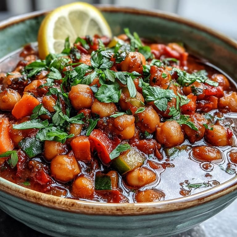 Close-up of vibrant Spicy Chickpea Stew featuring tender chickpeas and wilted spinach in a rich, tomato-based broth.
