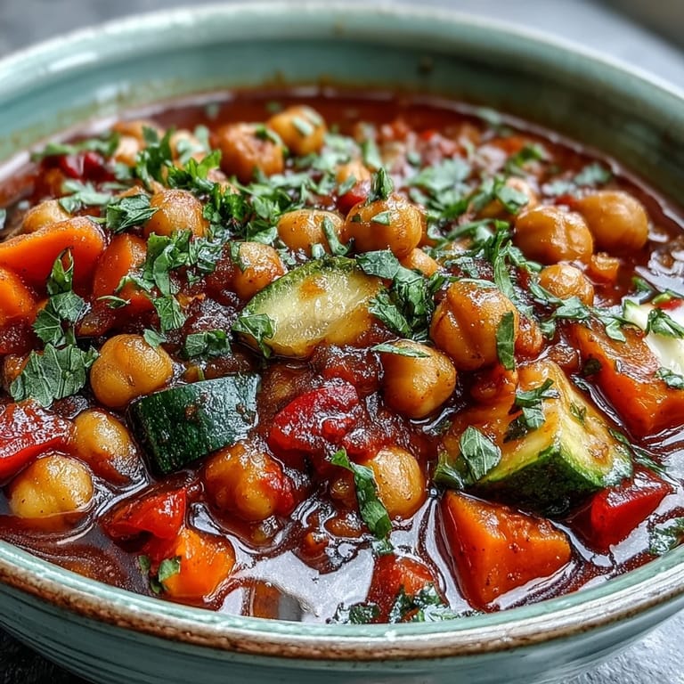Hearty plant-based Spicy Chickpea Stew in a rustic ceramic bowl, ready to be enjoyed with a squeeze of lemon.