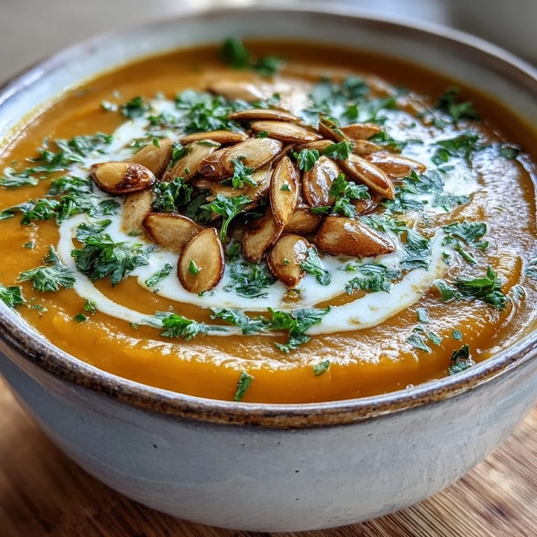 Roasted butternut squash and coconut milk swirl together in this vibrant, aromatic soup ready to serve.